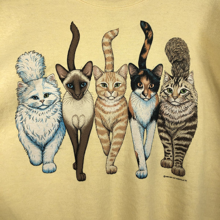 90'S Hanes COMFORTBLEND Cat Pattern Animal Sweatshirt, Men's XXL equivalent, Vintage cotton yellow type Vintage Second Hand