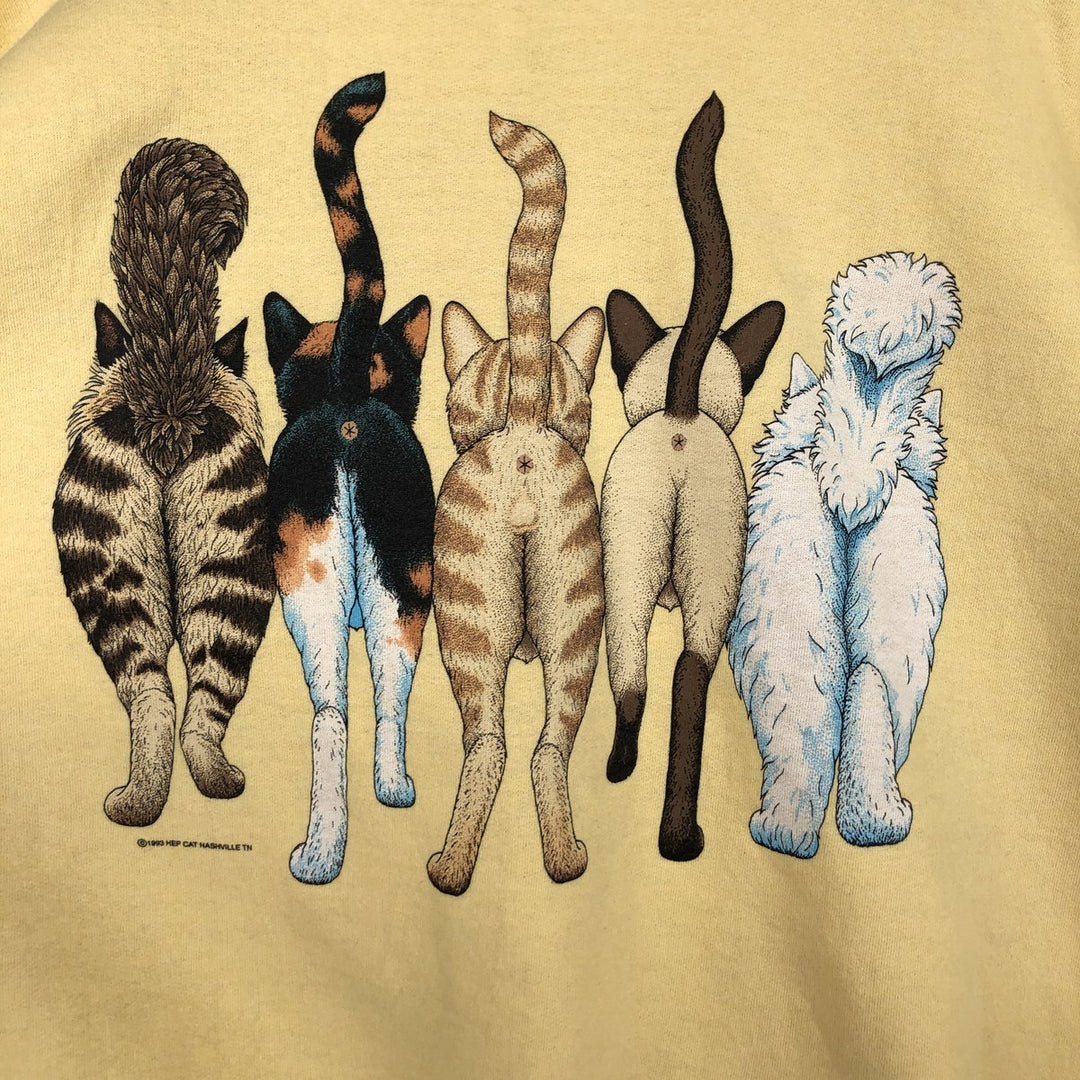 90'S Hanes COMFORTBLEND Cat Pattern Animal Sweatshirt, Men's XXL equivalent, Vintage cotton yellow type Vintage Second Hand