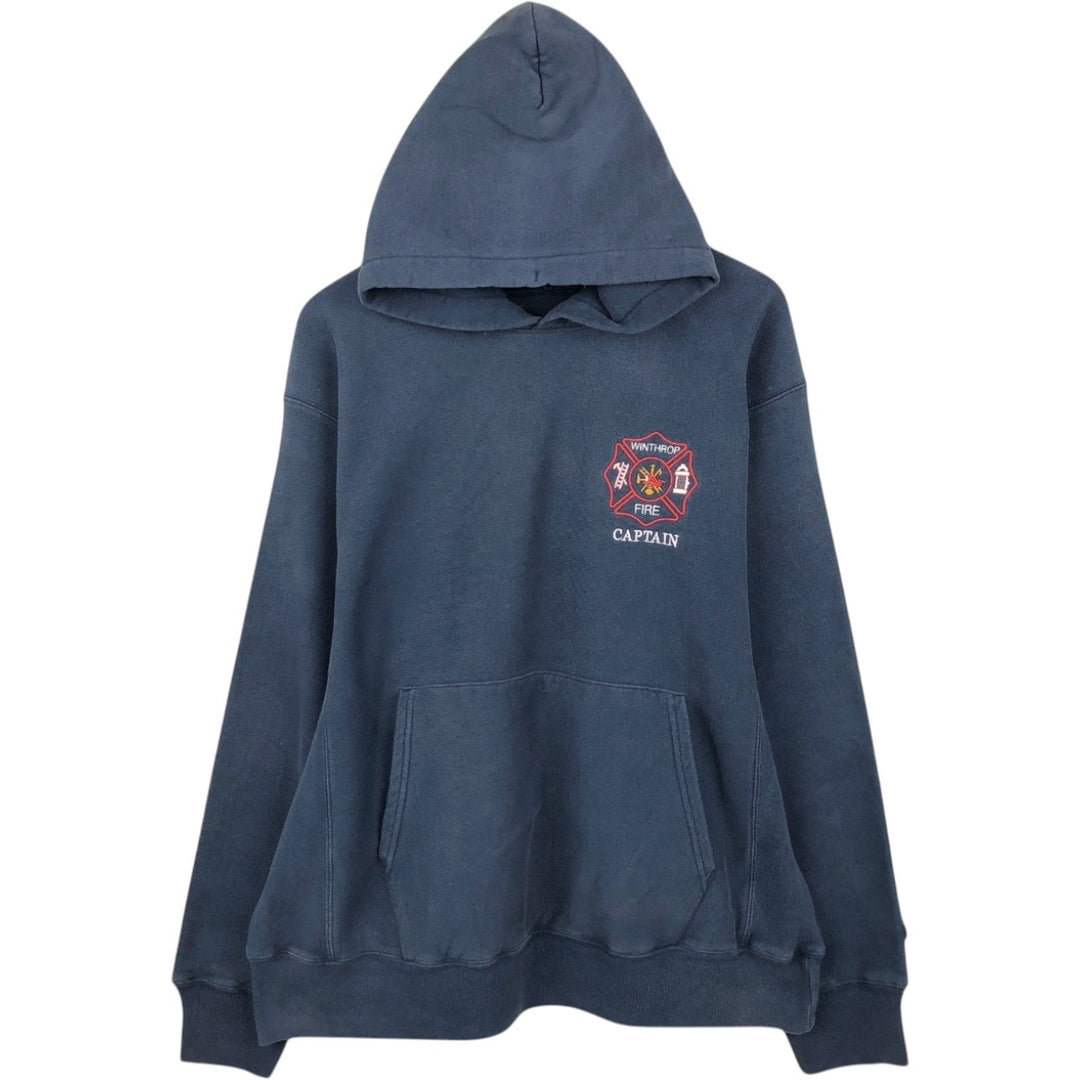 00'S Champion Premium Reverse Weave Advertising Sweat Pullover Hoodie Men's L size cotton navy blue type Vintage Second Hand