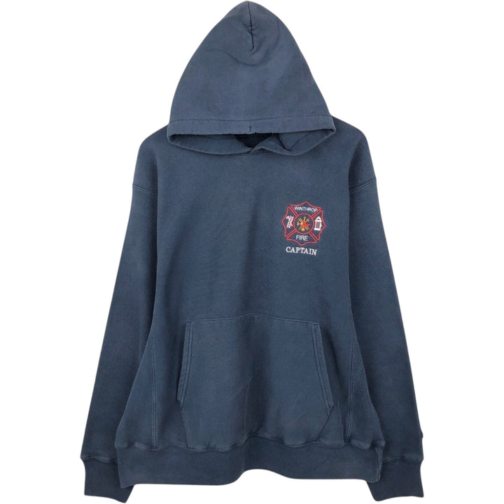 00'S Champion Premium Reverse Weave Advertising Sweat Pullover Hoodie Men's L size cotton navy blue type Vintage Second Hand