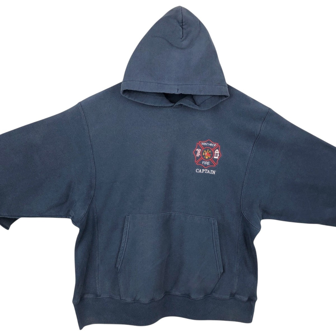 00'S Champion Premium Reverse Weave Advertising Sweat Pullover Hoodie Men's L size cotton navy blue type Vintage Second Hand