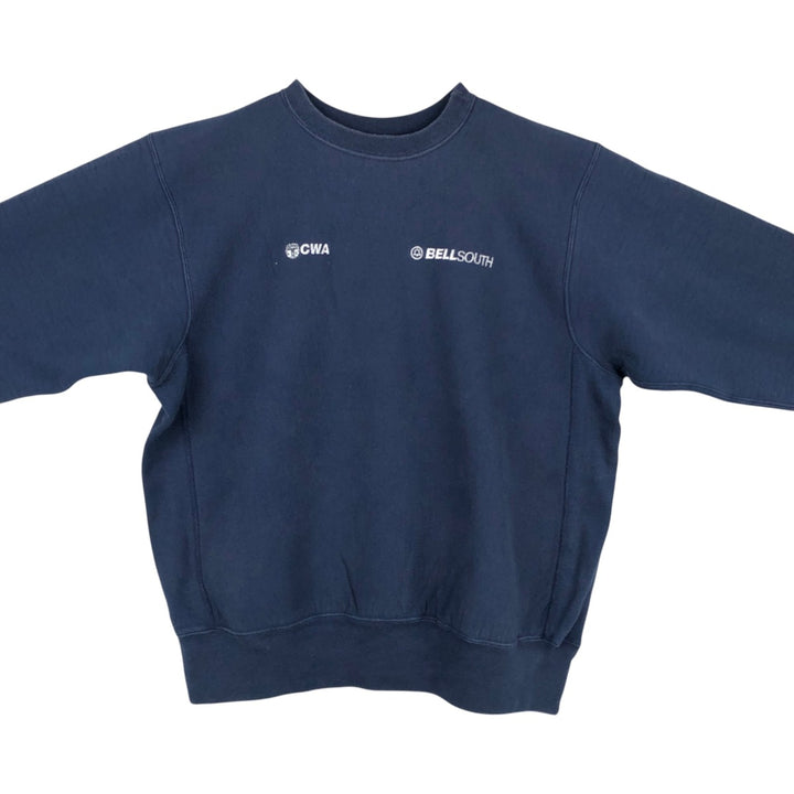 90'S The Cotton Exchange Print Sweatshirt, Made in USA, Men's XL equivalent, Vintage cotton navy blue type Vintage Second Hand