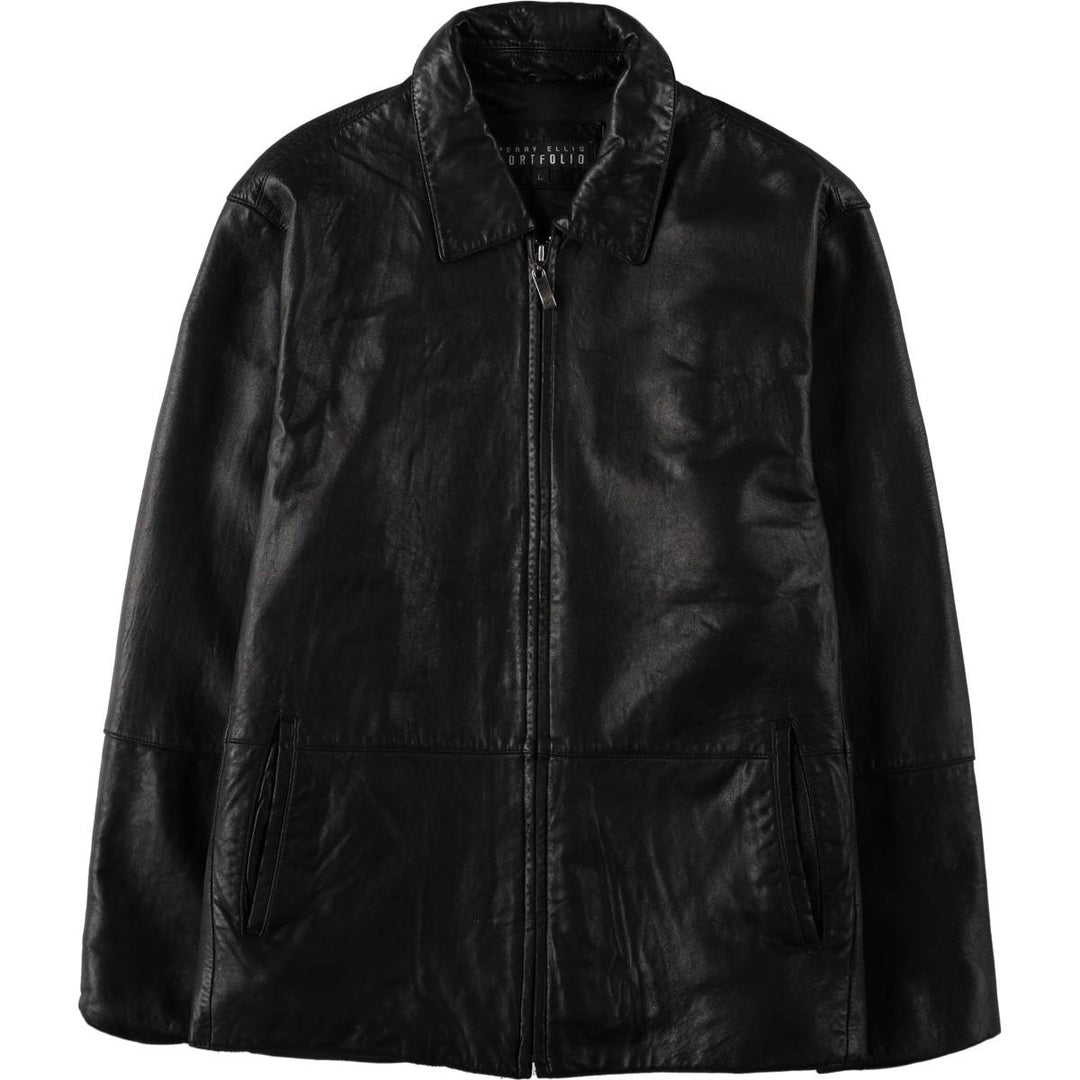 1990'S Perry Ellis PORTFOLIO Leather Jacket, Men's Size L (approx.), Vintage genuine leather black type Vintage Second Hand