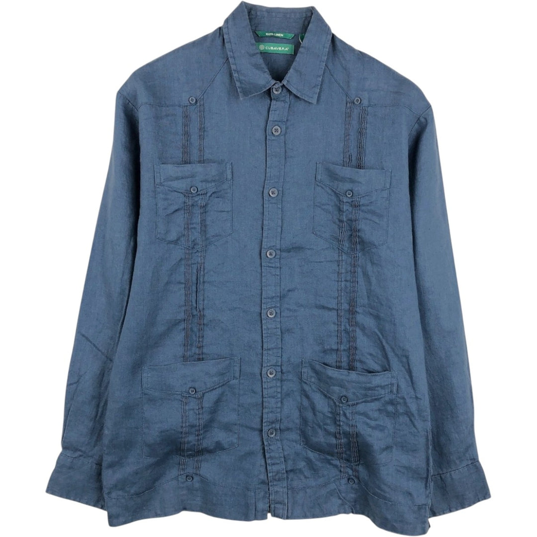 CUBAVERA Long-Sleeve Mexican Shirt, Cuban Shirt, Boxy Shirt, Men's Size S (approx.) linen navy blue type Vintage Second Hand