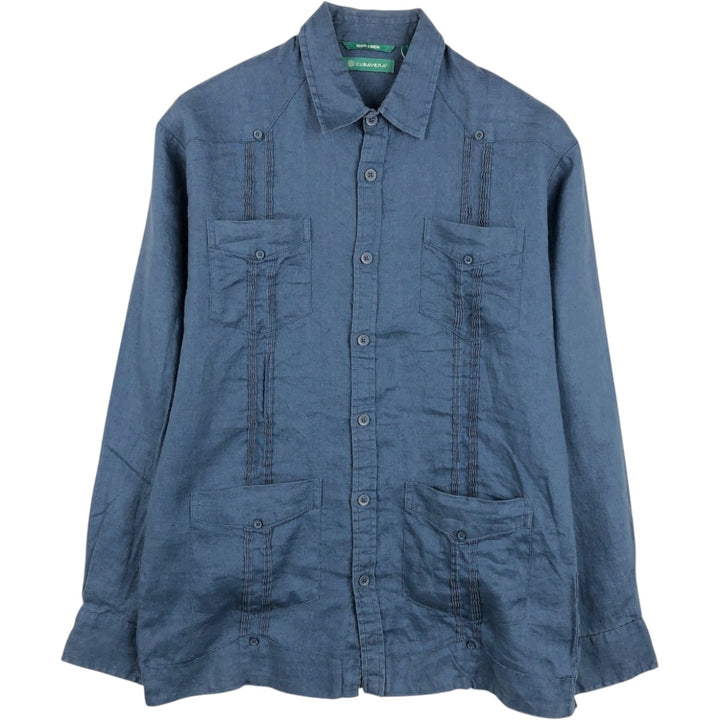 CUBAVERA Long-Sleeve Mexican Shirt, Cuban Shirt, Boxy Shirt, Men's Size S (approx.) linen navy blue type Vintage Second Hand