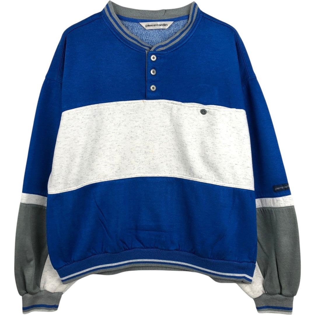Pierre Cardin striped pattern henley neck sweatshirt, men's size XL. unclear blue type Vintage Second Hand