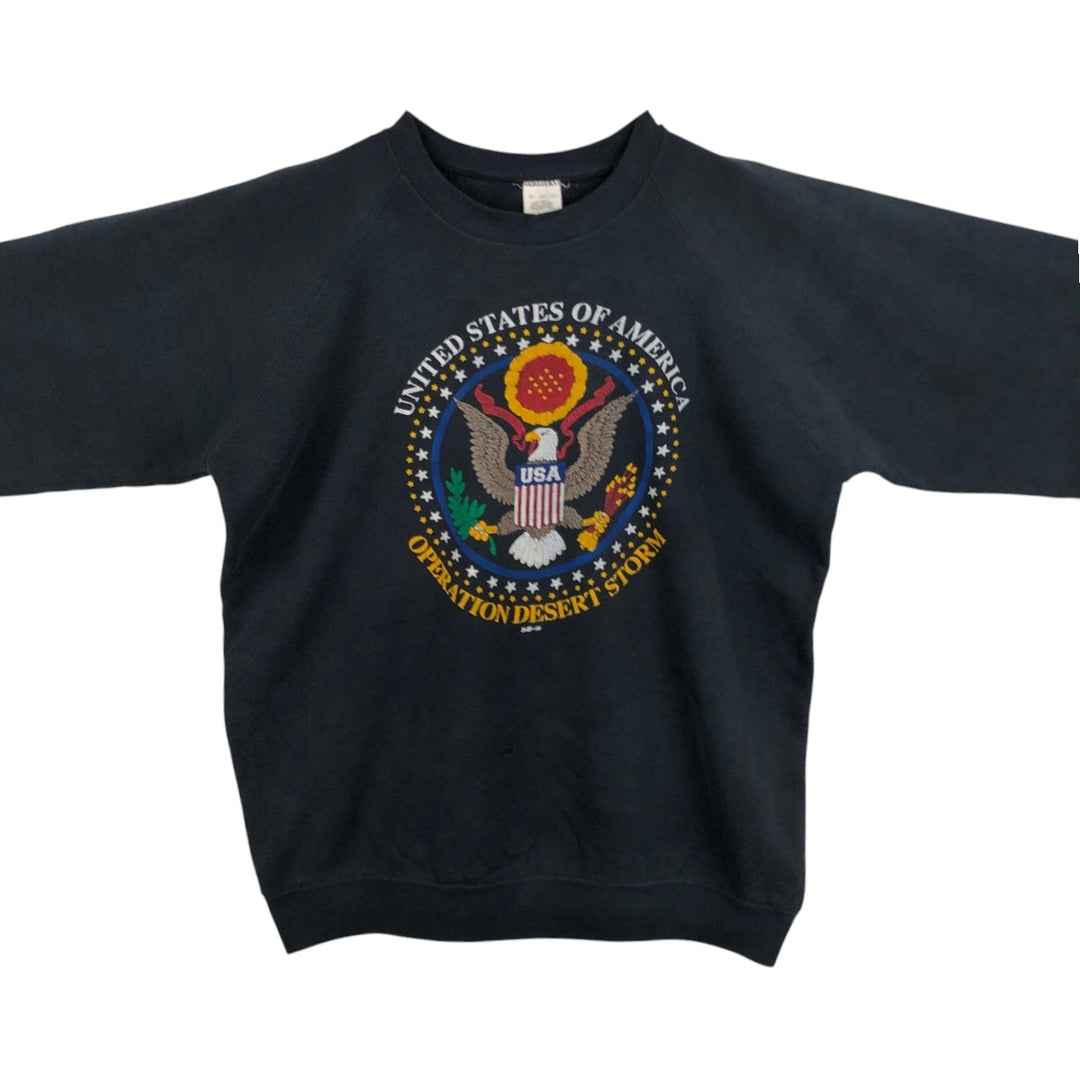 90'S Fruit of the Loom Gulf War Print Sweatshirt, Made in USA, Men's XL equivalent, Vintage cotton black type Vintage Second Hand