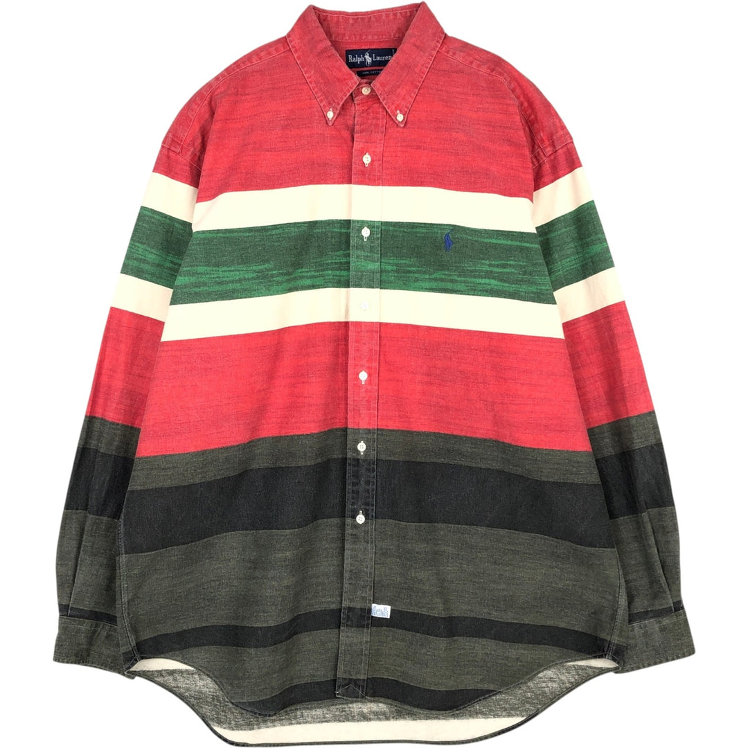 Ralph Lauren striped pattern multi-stripe long-sleeved button-down shirt, men's size XL. cotton red type Vintage Second Hand