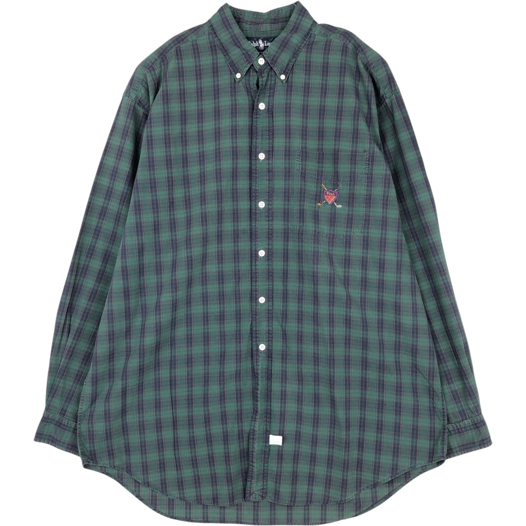 Ralph Lauren long-sleeved button-down check shirt, made in the USA, men's size L cotton Green type dark green Vintage Second Hand