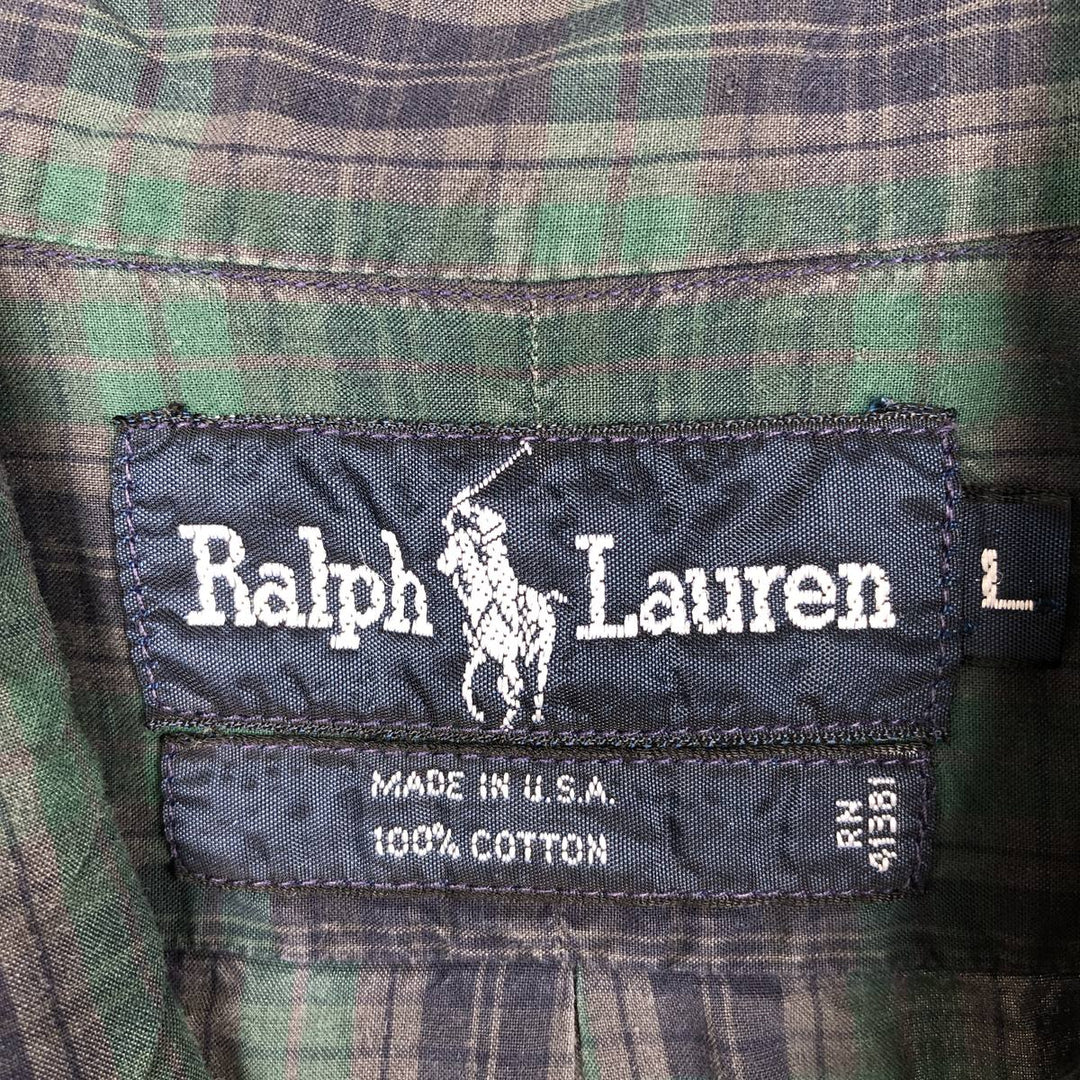 Ralph Lauren long-sleeved button-down check shirt, made in the USA, men's size L cotton Green type dark green Vintage Second Hand