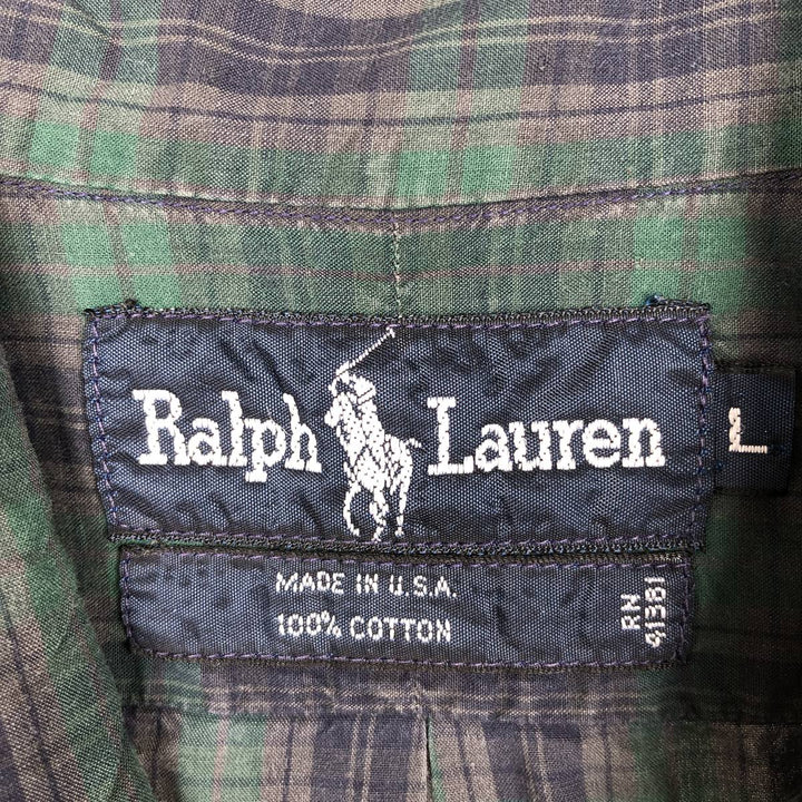 Ralph Lauren long-sleeved button-down check shirt, made in the USA, men's size L cotton Green type dark green Vintage Second Hand