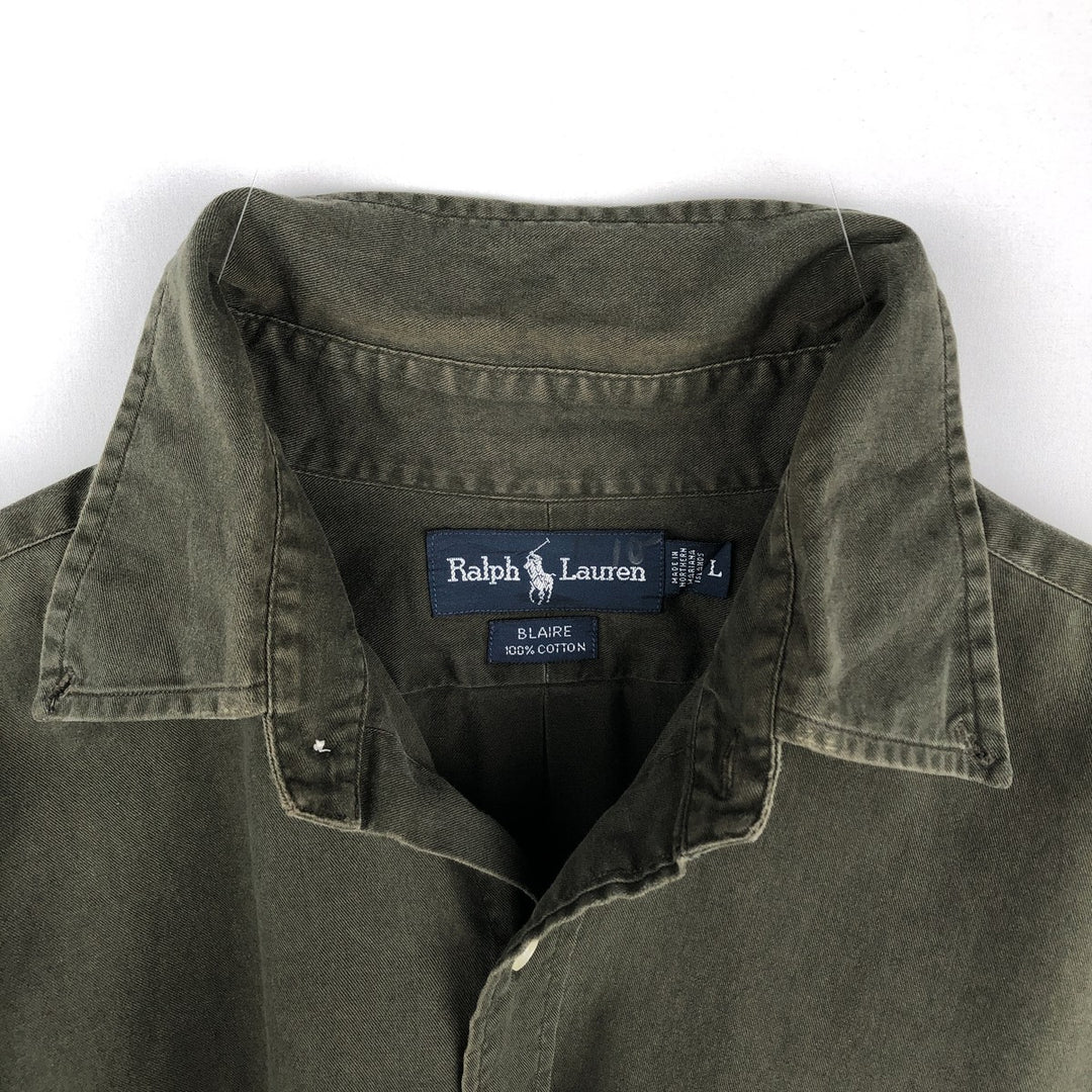 Ralph Lauren BLAKE long sleeve button down shirt, men's size L cotton Khaki type sage green Vintage Second Hand