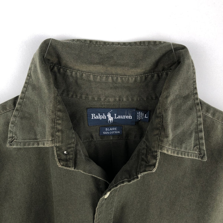 Ralph Lauren BLAKE long sleeve button down shirt, men's size L cotton Khaki type sage green Vintage Second Hand