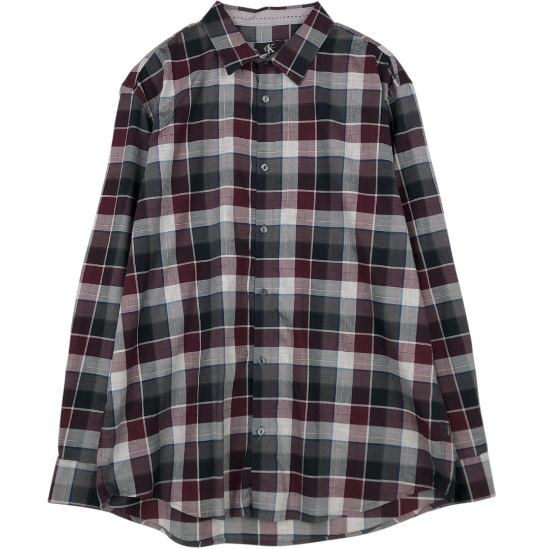 90s-00'S Calvin Klein long-sleeved cotton check shirt, men's size L (approx.) cotton burgundy type Vintage Second Hand