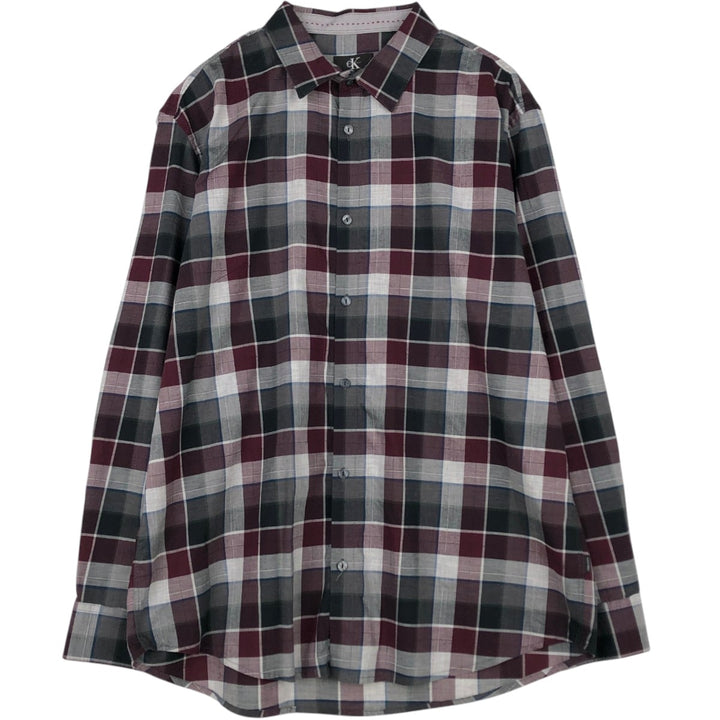 90s-00'S Calvin Klein long-sleeved cotton check shirt, men's size L (approx.) cotton burgundy type Vintage Second Hand