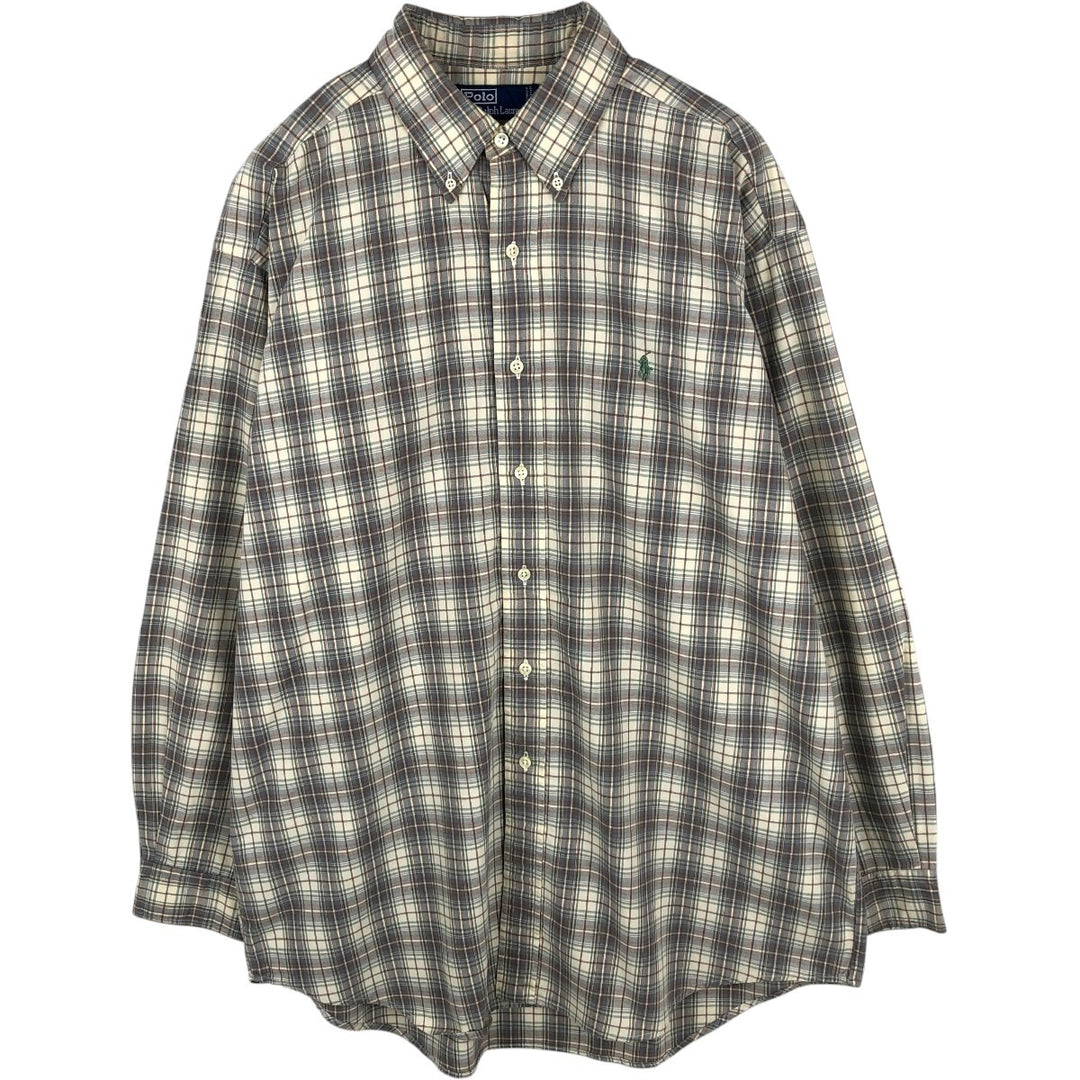 Ralph Lauren POLO by Ralph Lauren long-sleeved button-down check shirt, made in Canada, men's size L cotton Beige type Vintage Second Hand
