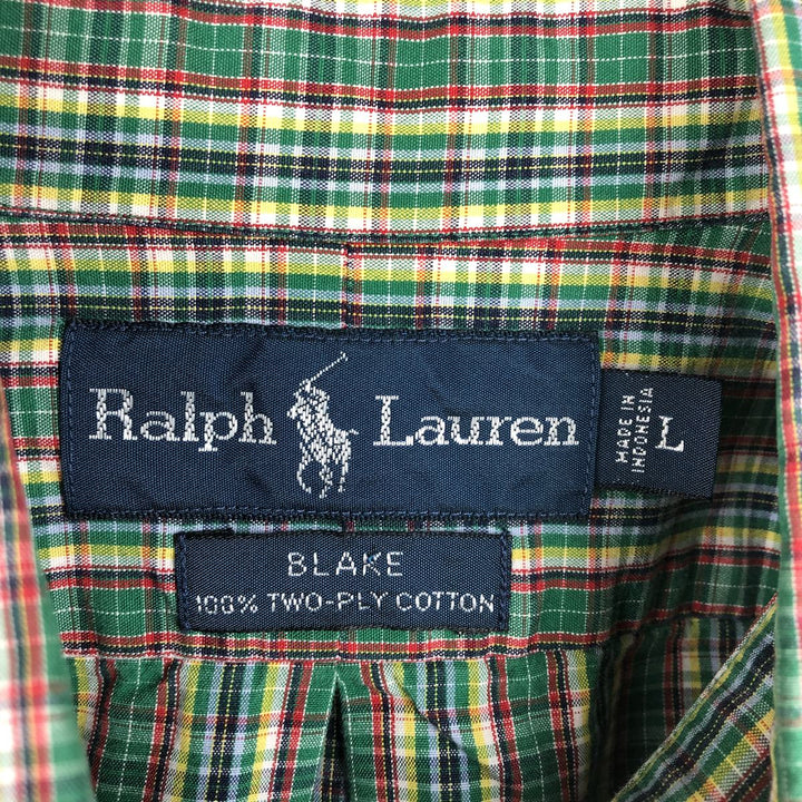 Ralph Lauren BLAKE long sleeve button down check shirt, men's size L cotton green type Vintage Second Hand