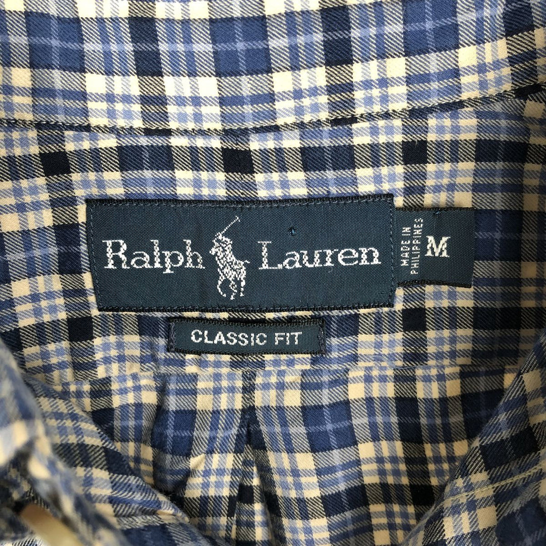90'S Ralph Lauren CLASSIC FIT Long-Sleeve Button-Down Check Shirt, Men's Size M (approx.), Vintage Button-Down cotton blue type Vintage Second Hand