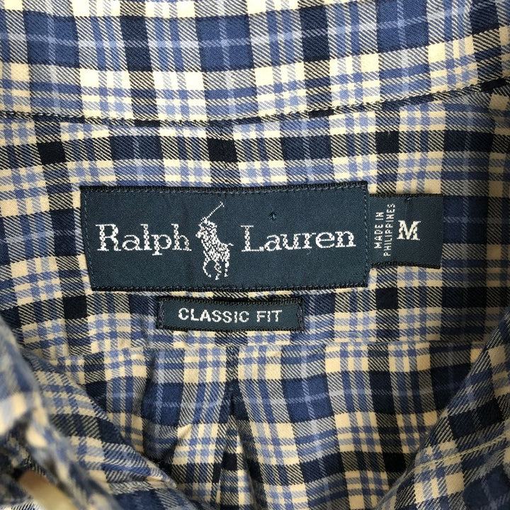 90'S Ralph Lauren CLASSIC FIT Long-Sleeve Button-Down Check Shirt, Men's Size M (approx.), Vintage Button-Down cotton blue type Vintage Second Hand