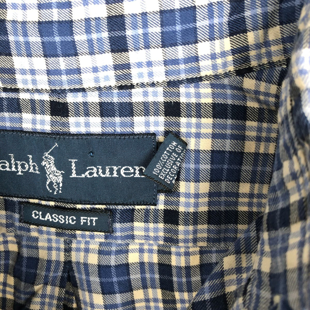 90'S Ralph Lauren CLASSIC FIT Long-Sleeve Button-Down Check Shirt, Men's Size M (approx.), Vintage Button-Down cotton blue type Vintage Second Hand