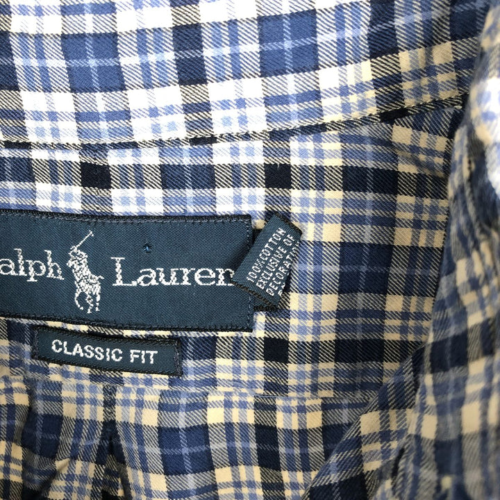 90'S Ralph Lauren CLASSIC FIT Long-Sleeve Button-Down Check Shirt, Men's Size M (approx.), Vintage Button-Down cotton blue type Vintage Second Hand