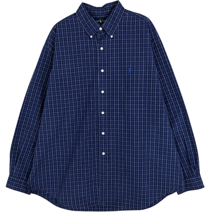 90'S Ralph Lauren BLAKE Long-Sleeve Button-Down Check Shirt, Men's Size XL (approx.), Vintage Button-Down cotton Navy blue Vintage Second Hand