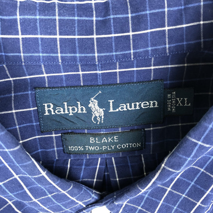 90'S Ralph Lauren BLAKE Long-Sleeve Button-Down Check Shirt, Men's Size XL (approx.), Vintage Button-Down cotton Navy blue Vintage Second Hand