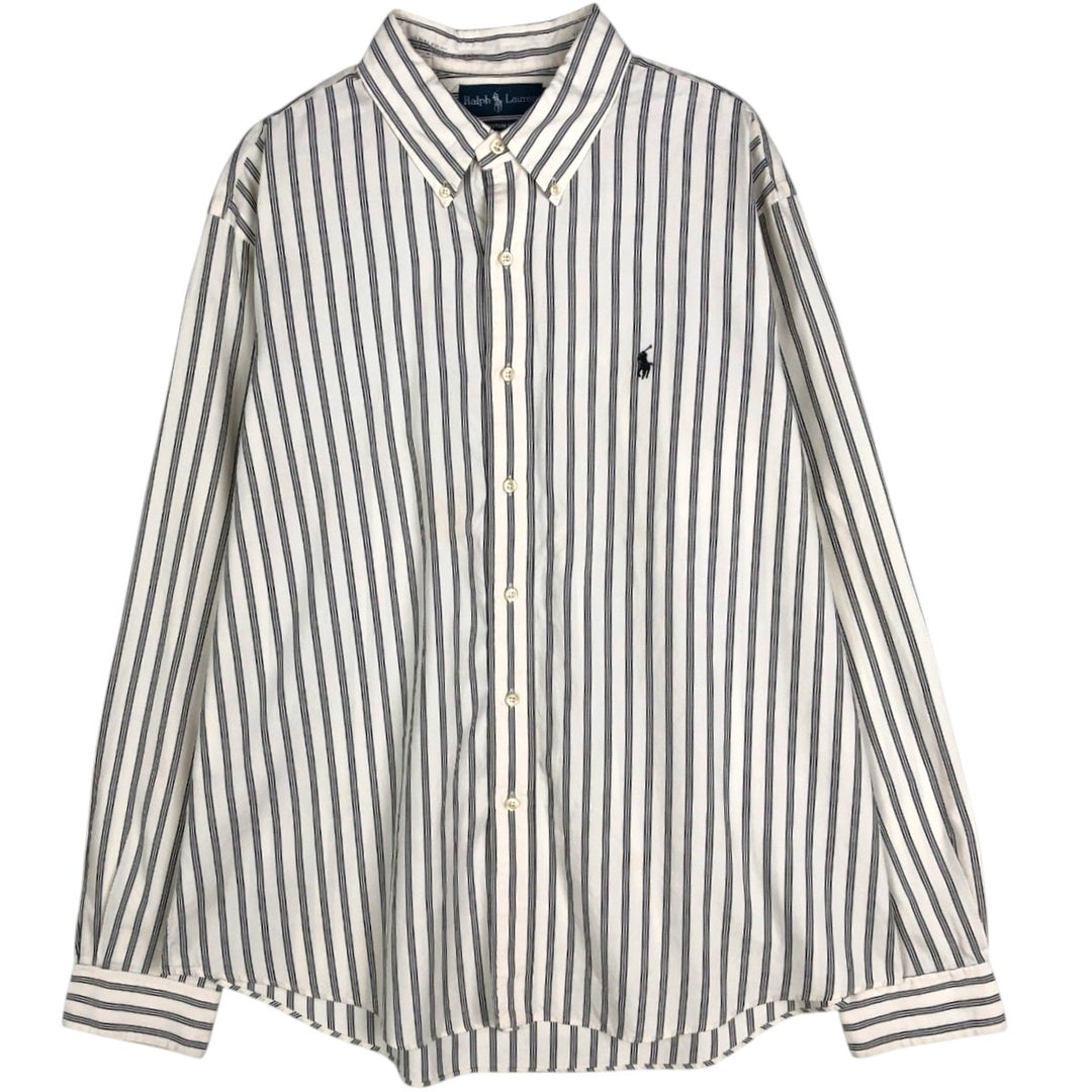 1990'S Ralph Lauren CUSTOM FIT Long-Sleeve Button-Down Striped Shirt, Men's Size XL (Vintage) cotton white type Vintage Second Hand