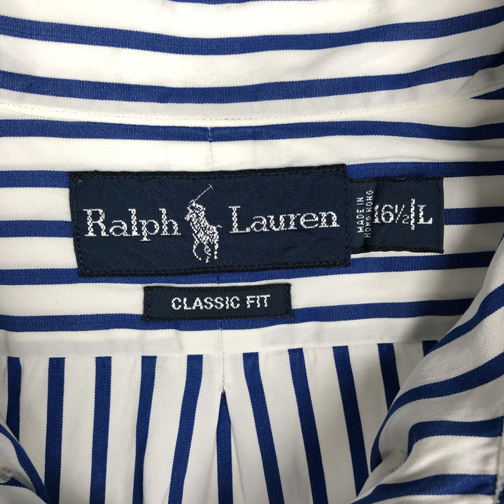 90'S Ralph Lauren CLASSIC FIT Long-Sleeve Button-Down Striped Shirt, Men's Size L (approx.), Vintage Button-Down Shirt cotton white type Vintage Second Hand
