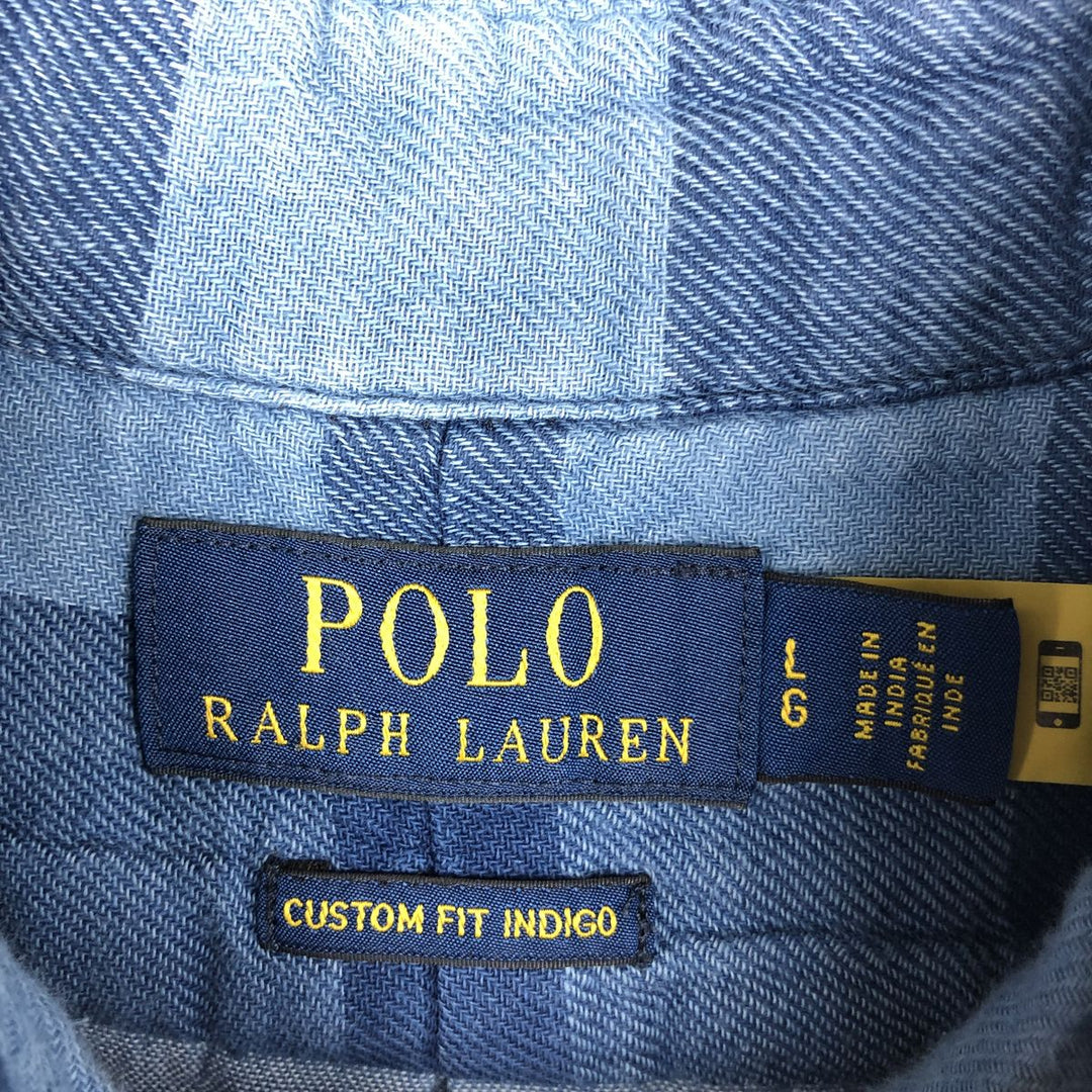 Ralph Lauren CUSTOM FIT Buffalo Check Long-Sleeve Button-Down Check Shirt, Men's Size L (approx.) cotton blue type Vintage Second Hand