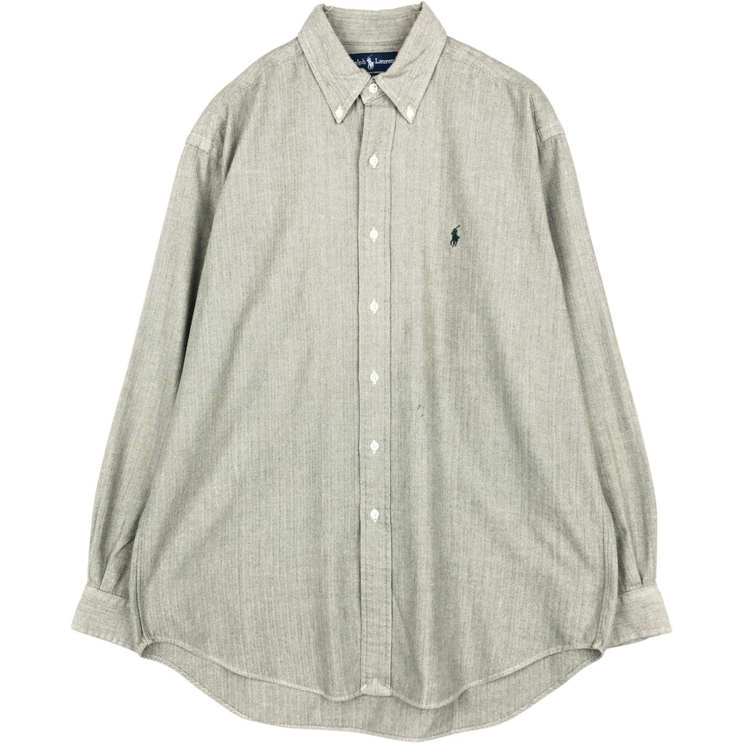 Ralph Lauren BLAKE Herringbone Long-Sleeve Button-Down Check Shirt, Men's Size M (approx.) cotton Khaki type sage green Vintage Second Hand