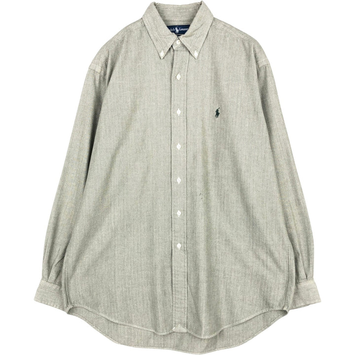 Ralph Lauren BLAKE Herringbone Long-Sleeve Button-Down Check Shirt, Men's Size M (approx.) cotton Khaki type sage green Vintage Second Hand