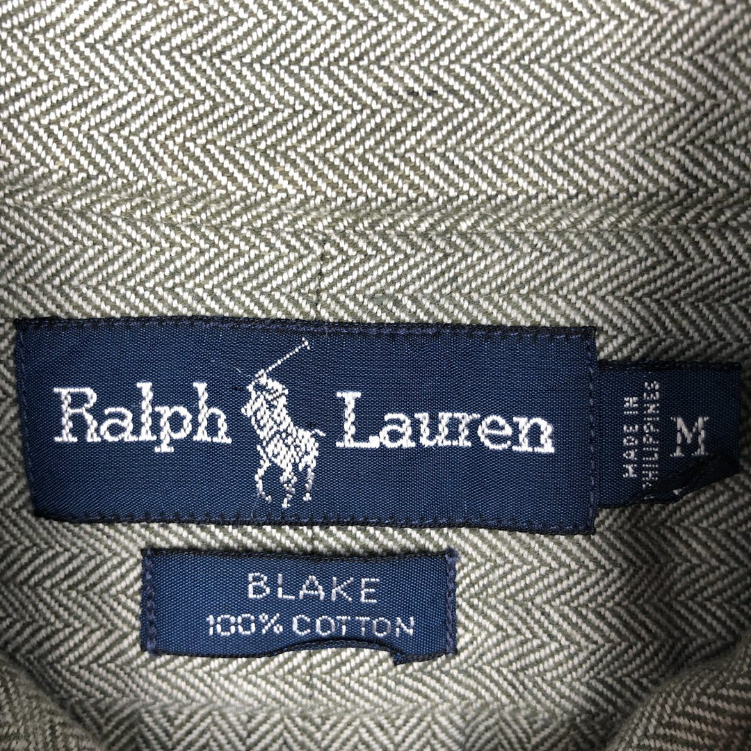 Ralph Lauren BLAKE Herringbone Long-Sleeve Button-Down Check Shirt, Men's Size M (approx.) cotton Khaki type sage green Vintage Second Hand