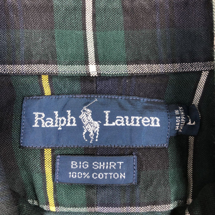 Ralph Lauren BIG SHIRT Long sleeve button-down check shirt Men's L size cotton Green type dark green Vintage Second Hand