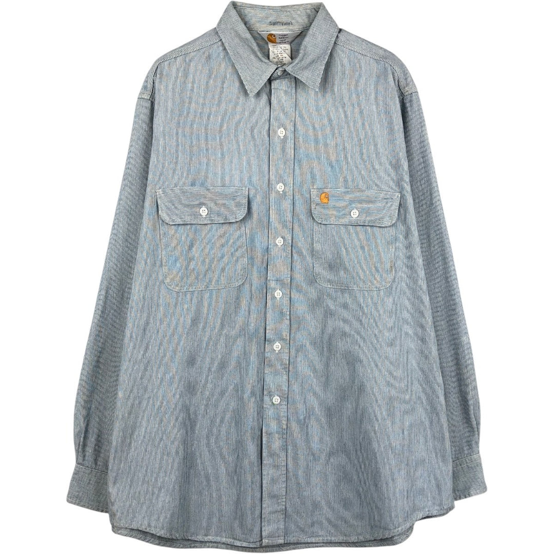 90'S Carhartt Hickory Stripe Long-Sleeve Work Shirt, Made in USA, Men's Size XL (Equivalent), Vintage cotton Blue type light blue Vintage Second Hand
