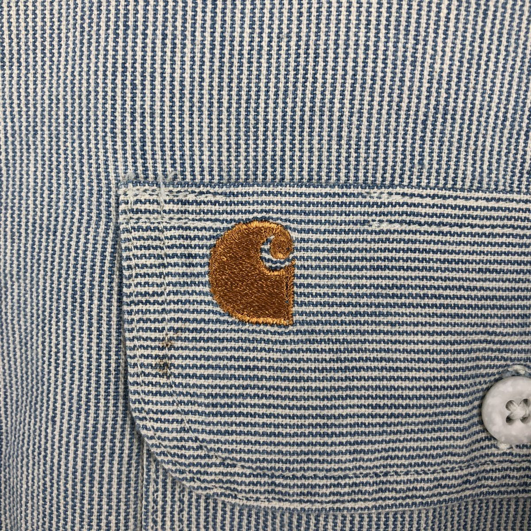 90'S Carhartt Hickory Stripe Long-Sleeve Work Shirt, Made in USA, Men's Size XL (Equivalent), Vintage cotton Blue type light blue Vintage Second Hand