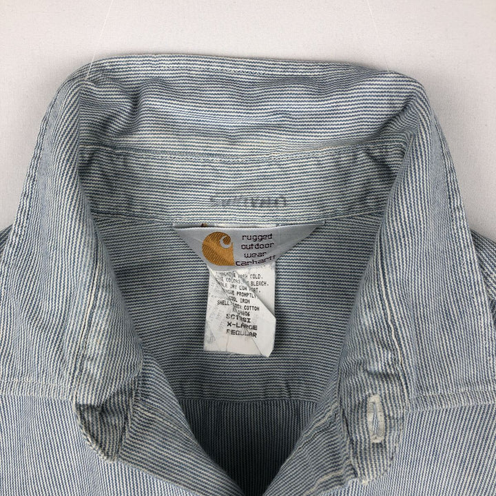 90'S Carhartt Hickory Stripe Long-Sleeve Work Shirt, Made in USA, Men's Size XL (Equivalent), Vintage cotton Blue type light blue Vintage Second Hand