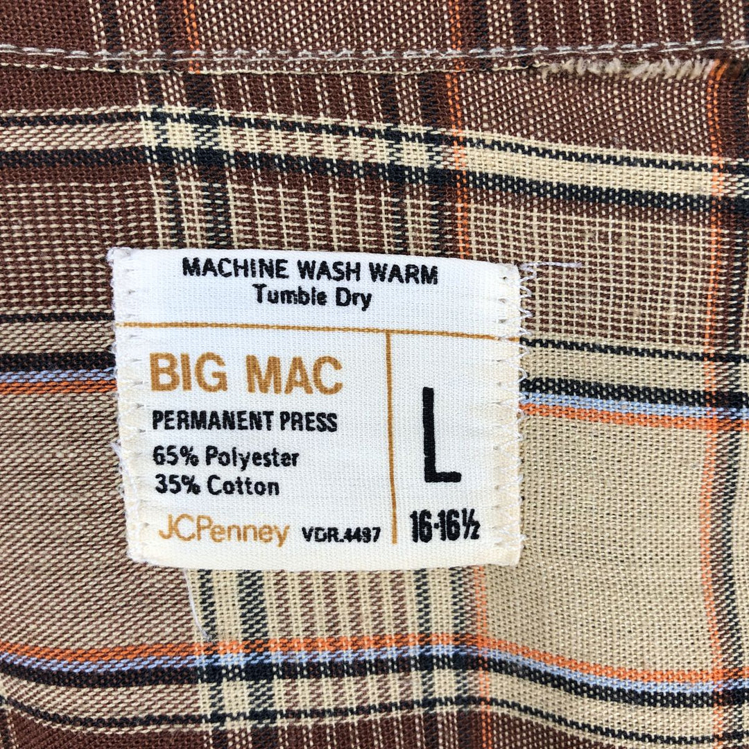 70'S Big Mac JCPenney Check Pattern Long-Sleeve Work Shirt, Men's Size L (Equivalent), Vintage polyester Beige type Vintage Second Hand
