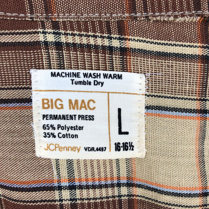 70'S Big Mac JCPenney Check Pattern Long-Sleeve Work Shirt, Men's Size L (Equivalent), Vintage polyester Beige type Vintage Second Hand