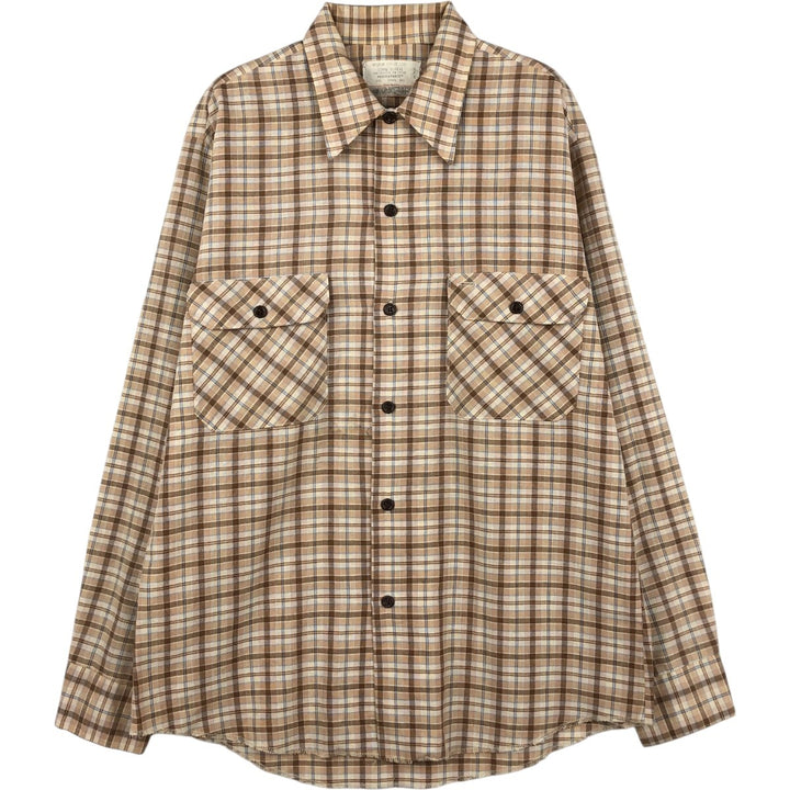 1970'S Sears Check Pattern Long-Sleeve Work Shirt, Made in USA, Men's Size M (Equivalent), Vintage polyester brown type Vintage Second Hand