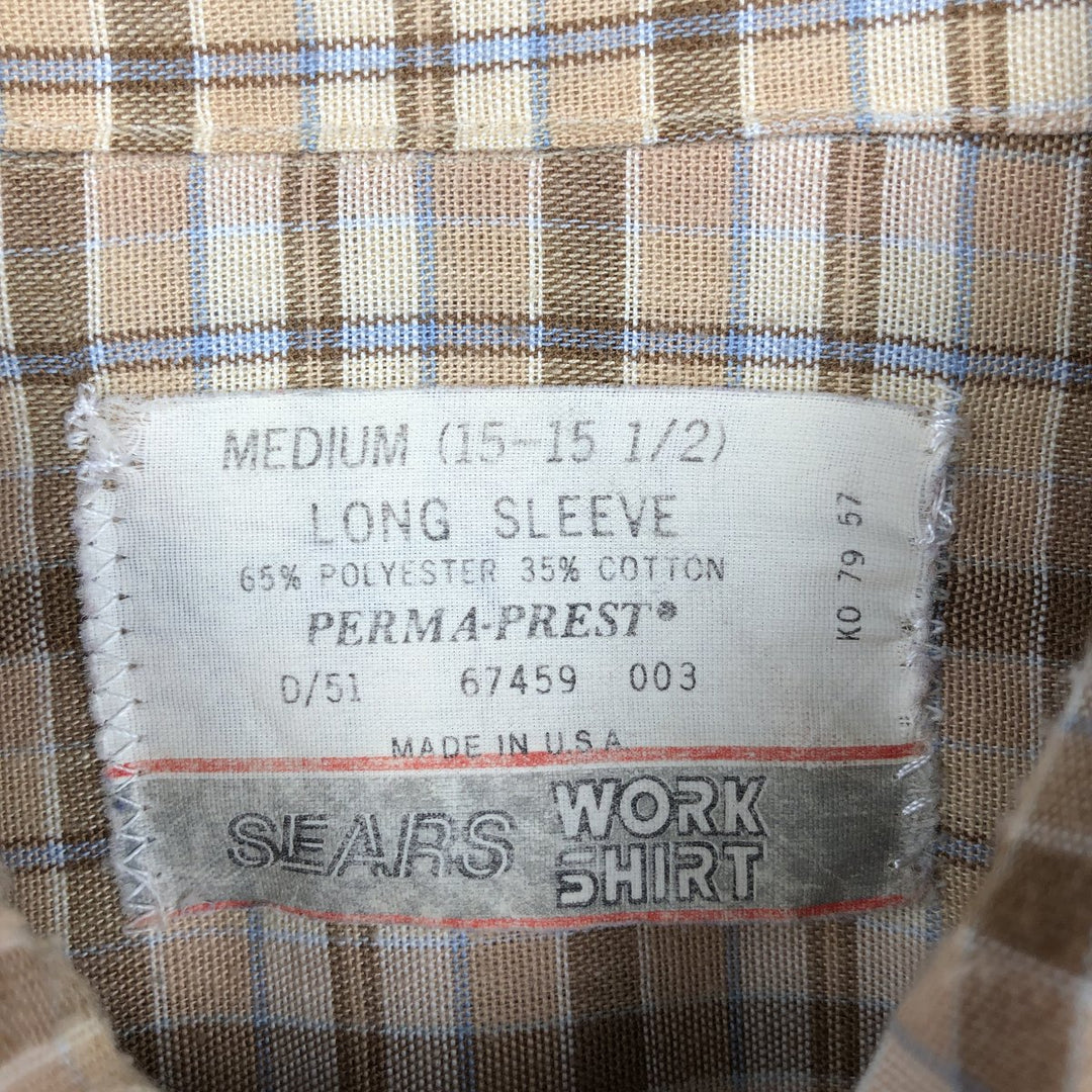 1970'S Sears Check Pattern Long-Sleeve Work Shirt, Made in USA, Men's Size M (Equivalent), Vintage polyester brown type Vintage Second Hand