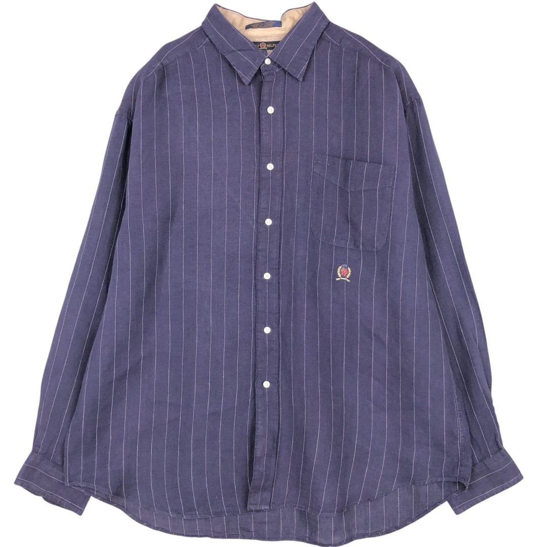 90s-00'S Tommy Hilfiger striped long-sleeved linen shirt, men's size XL. linen navy blue type Vintage Second Hand