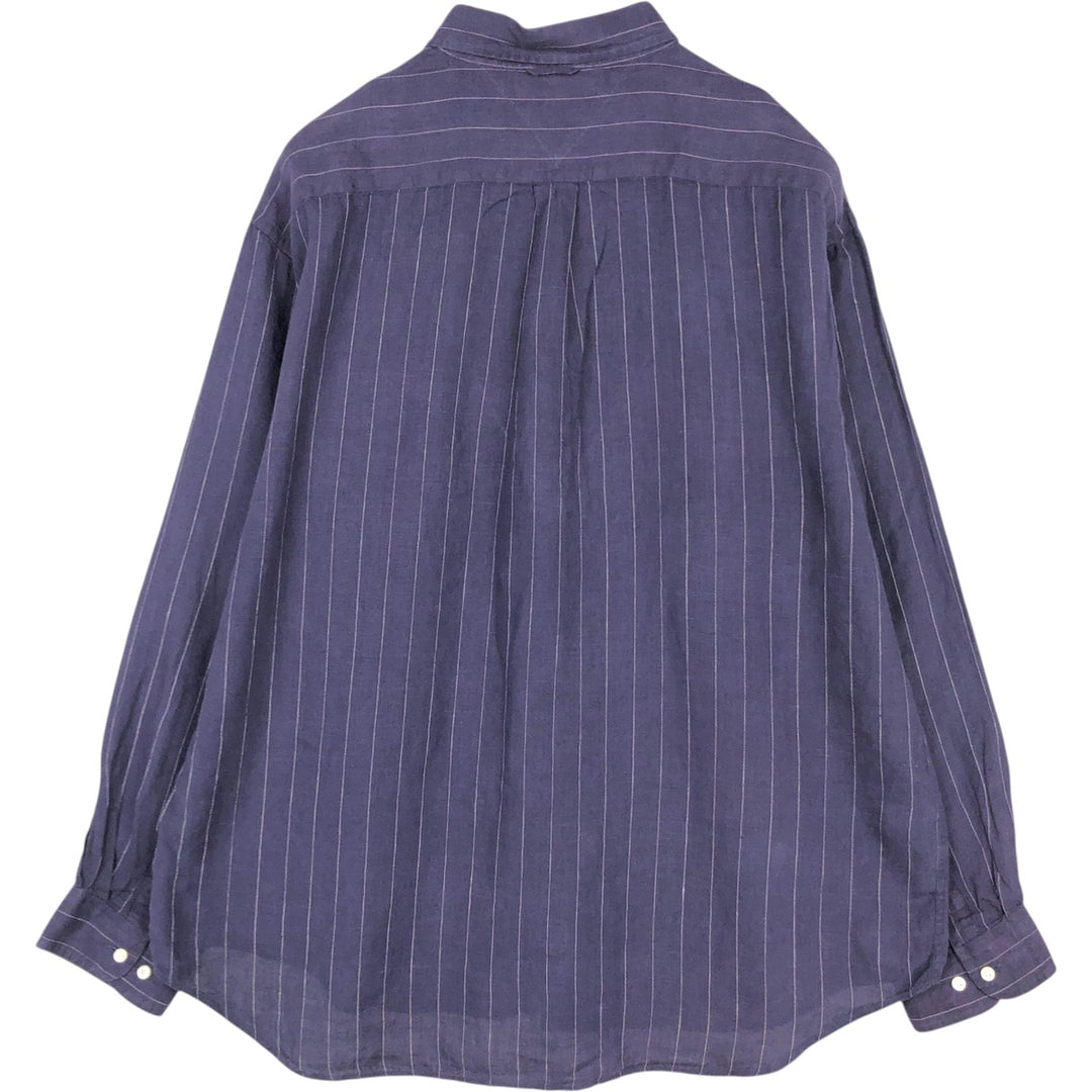 90s-00'S Tommy Hilfiger striped long-sleeved linen shirt, men's size XL. linen navy blue type Vintage Second Hand