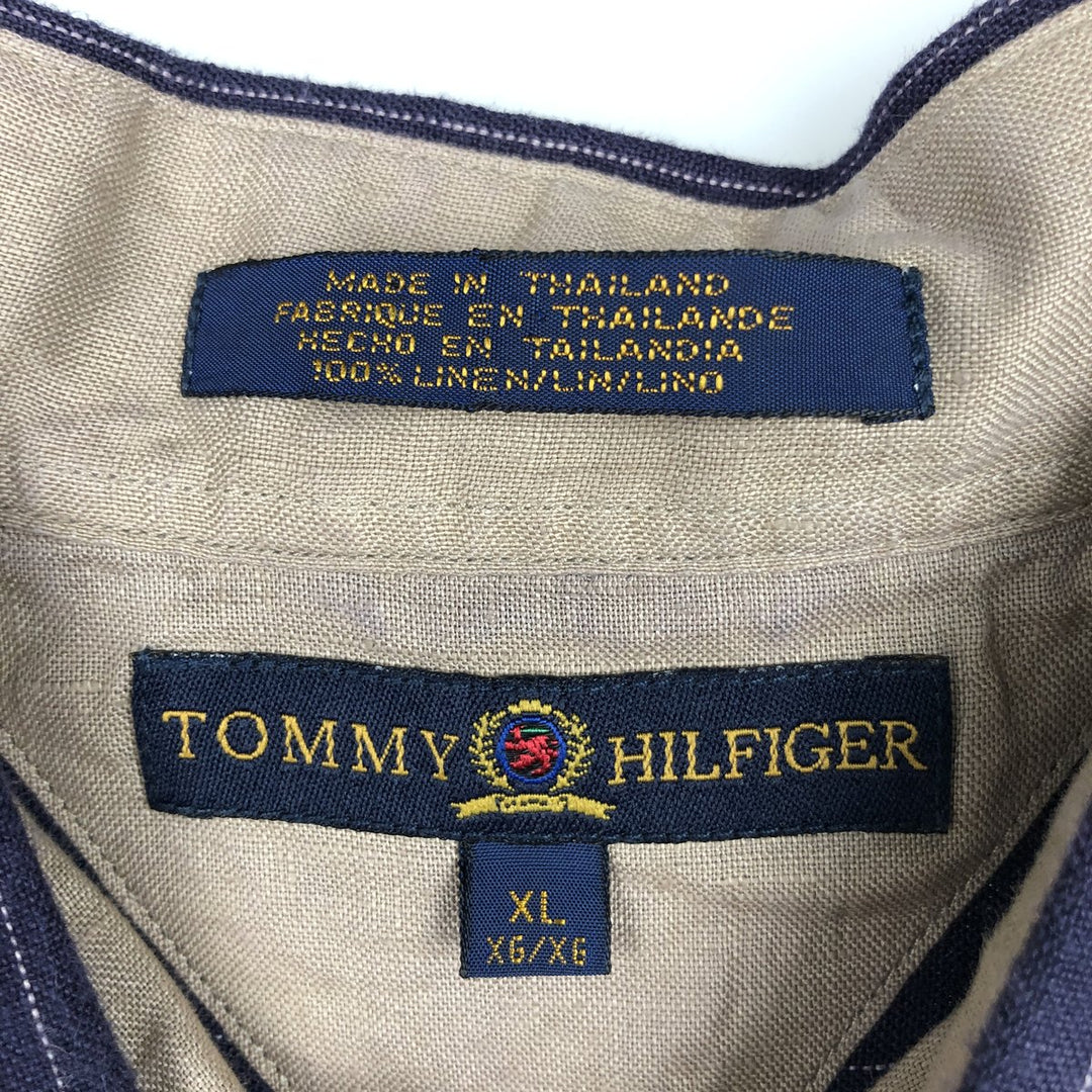 90s-00'S Tommy Hilfiger striped long-sleeved linen shirt, men's size XL. linen navy blue type Vintage Second Hand