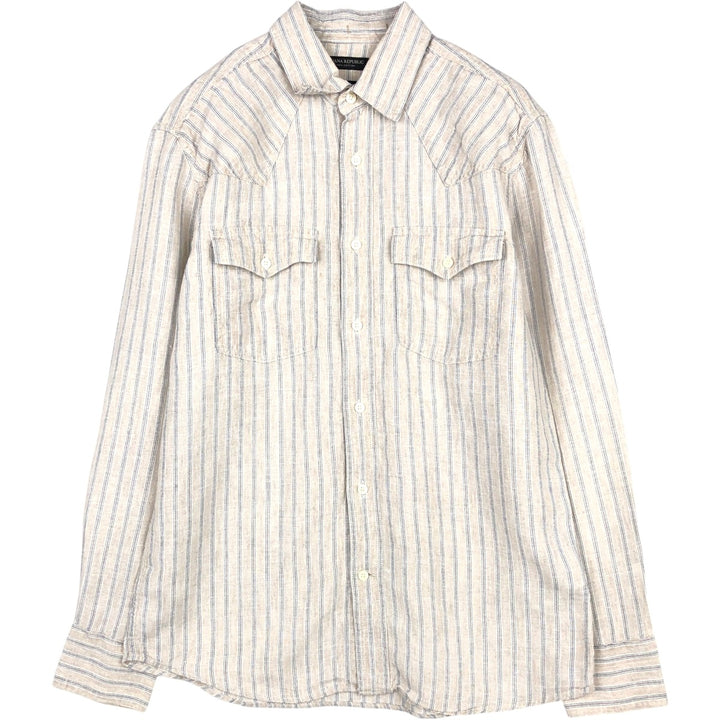 Banana Republic Standard Fit Stripe Pattern Long-Sleeve Linen Western Shirt, Men's Size M (approx.) linen unbleached Vintage Second Hand