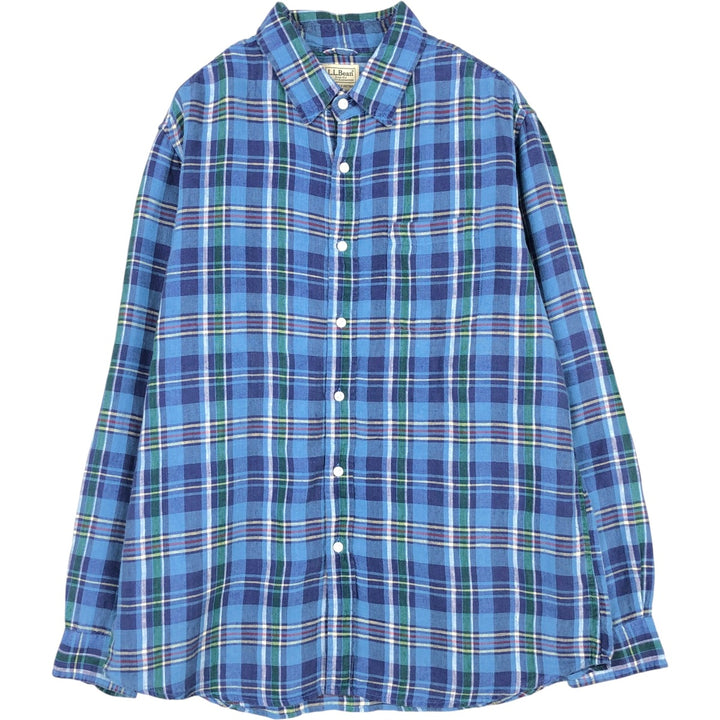 90s-00'S LLBean SLIGHTLY FITTED Check Pattern Long-Sleeve Linen Shirt, Men's Size L (approx.) linen blue type Vintage Second Hand