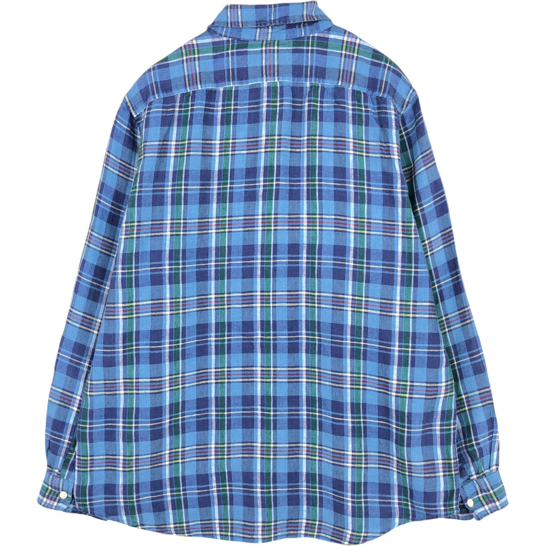 90s-00'S LLBean SLIGHTLY FITTED Check Pattern Long-Sleeve Linen Shirt, Men's Size L (approx.) linen blue type Vintage Second Hand
