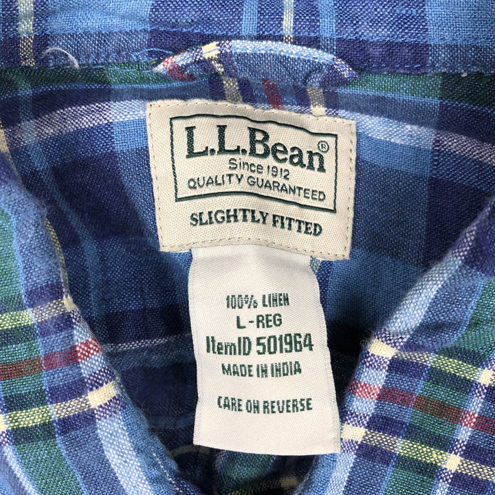 90s-00'S LLBean SLIGHTLY FITTED Check Pattern Long-Sleeve Linen Shirt, Men's Size L (approx.) linen blue type Vintage Second Hand