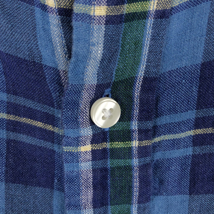 90s-00'S LLBean SLIGHTLY FITTED Check Pattern Long-Sleeve Linen Shirt, Men's Size L (approx.) linen blue type Vintage Second Hand