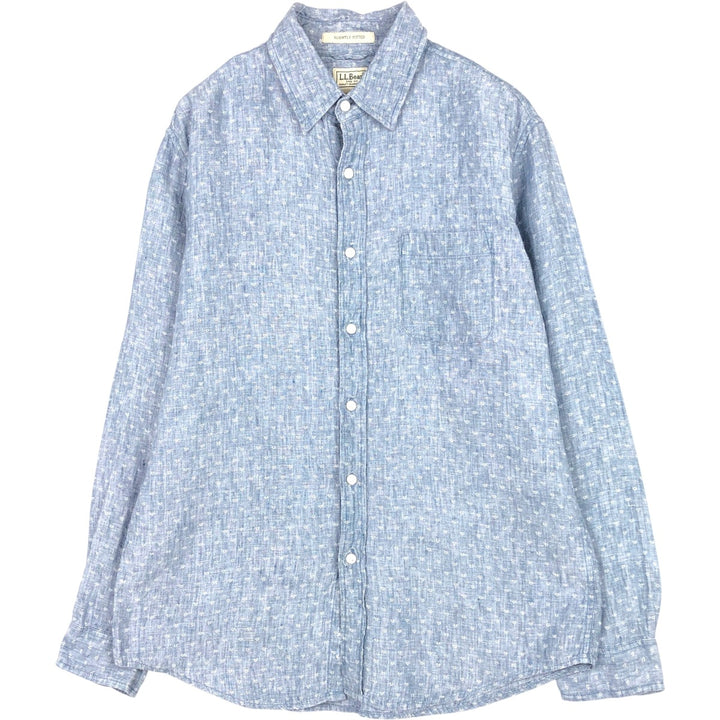 90'S LLBean all-over print long-sleeved linen shirt, men's size M (approx.) linen navy blue type Vintage Second Hand